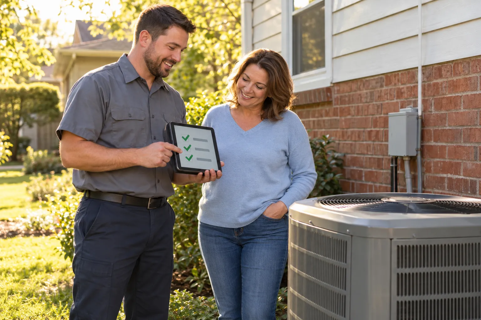 A friendly local AC provider explaining a repair to a homeowner beside an outdoor unit in New York